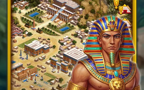 Spielszene aus Anocris: Stadt am Nil aus der Vogelperspektive mit Pharaonenporträt
