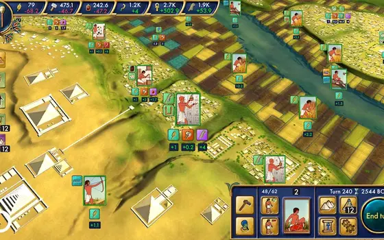 Spielszene aus Egypt: Old Kingdom: Rundenkarte des Niltals mit Feldern und Baustellen