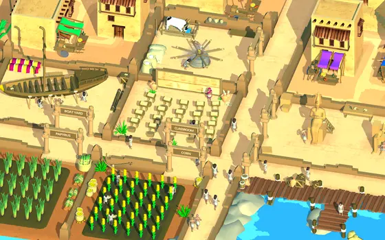 Spielszene aus Idle Egypt Tycoon: ägyptische Stadt von oben mit Feldern und Werkstätten