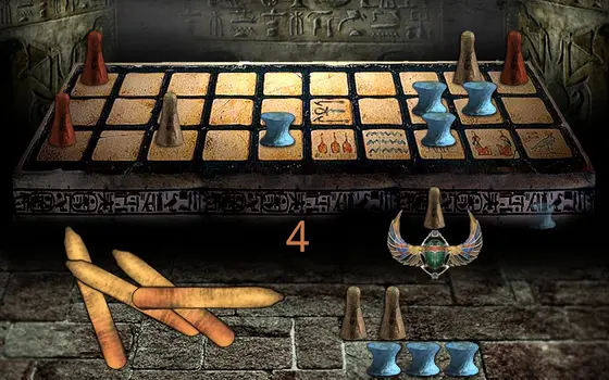 Spielszene aus Senet: Spielbrett mit dreißig Feldern, Kegeln und vier Wurfhölzern